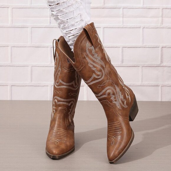 Women's Brown Pointed Toe Chunky Block Heel Cowgirl Mid Calf Western Booties - Picture 4 of 5